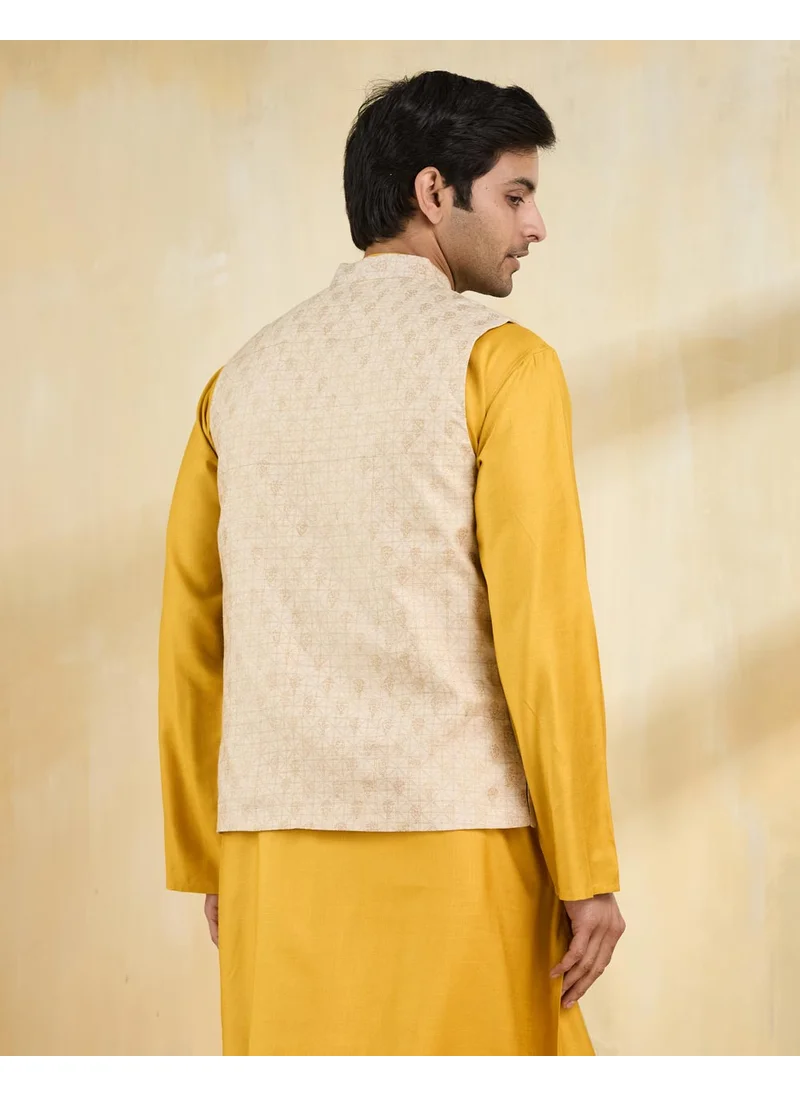 Fabindia Beige Silk Blend Hand Block Printed Nehru Jacket