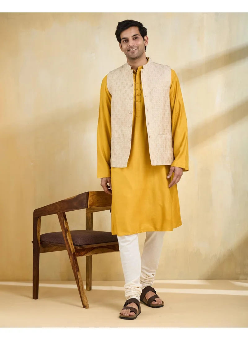 Fabindia Beige Silk Blend Hand Block Printed Nehru Jacket
