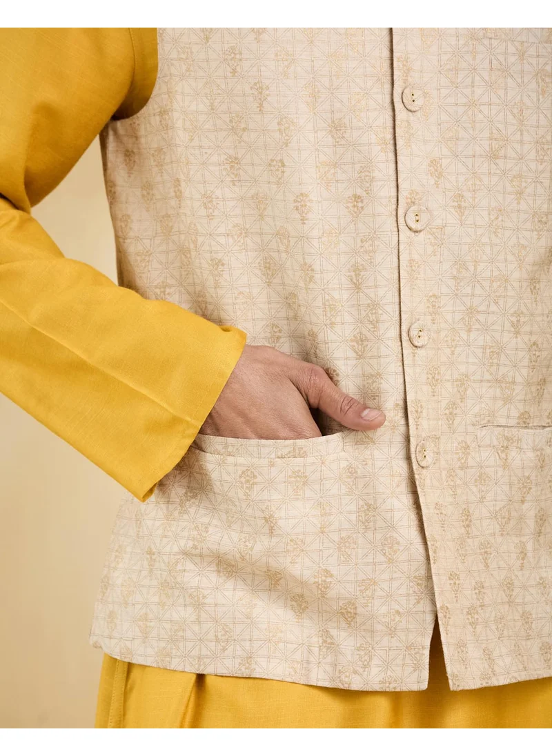 Fabindia Beige Silk Blend Hand Block Printed Nehru Jacket