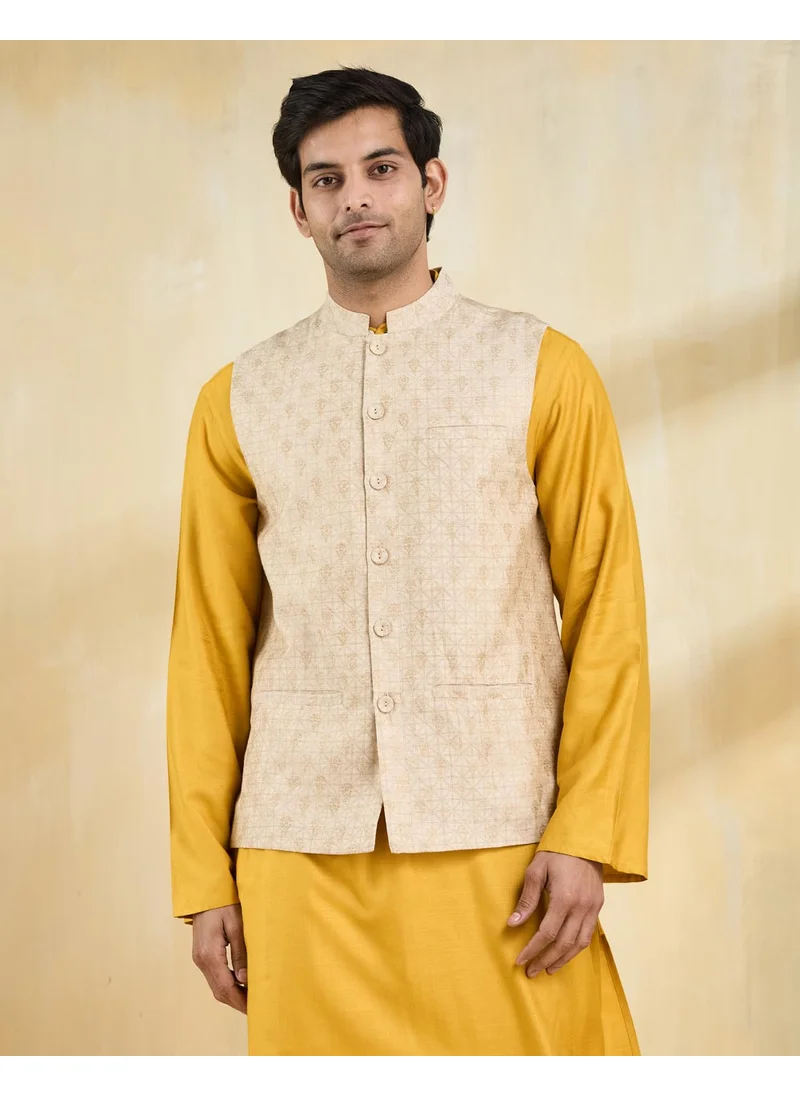 Fabindia Beige Silk Blend Hand Block Printed Nehru Jacket