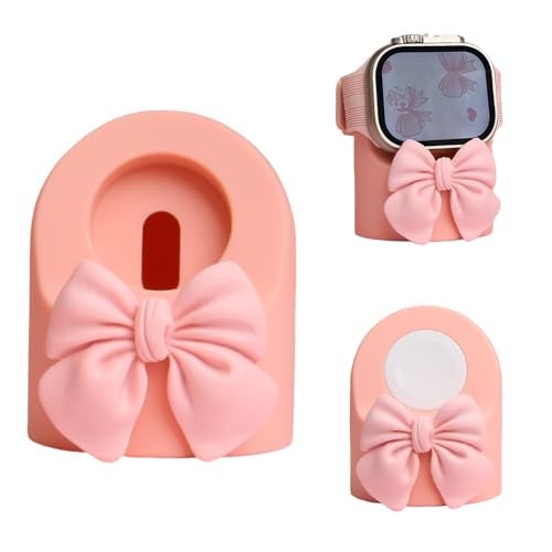 QLD COVER Charger Dock for Apple Watch Ultra/10/9/8/7/6/5/4/3/2/1/SE2/SE, iWatch Cute 3D Bow Tie Silicone Charging Desk Stand Holder, Pink Bow - Image 1