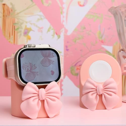 QLD COVER Charger Dock for Apple Watch Ultra/10/9/8/7/6/5/4/3/2/1/SE2/SE, iWatch Cute 3D Bow Tie Silicone Charging Desk Stand Holder, Pink Bow - Image 4
