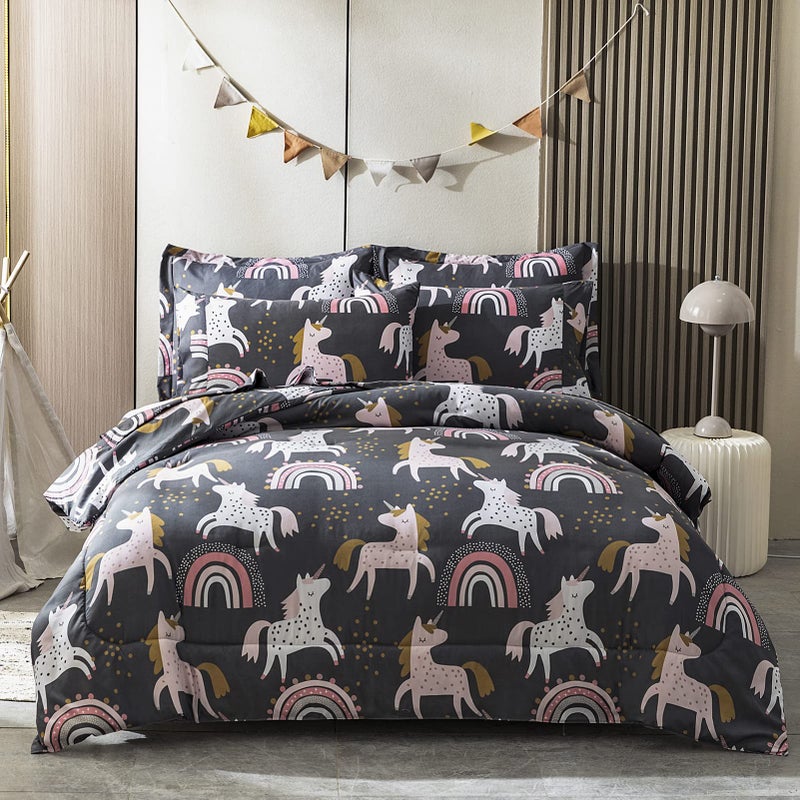 HollyHOME HollyHOME Unicorn and Rainbow Soft Microfiber Comforter Set for Teens and Girls 7Piece Bed in A Bag Bedding Set FullQueen Size 