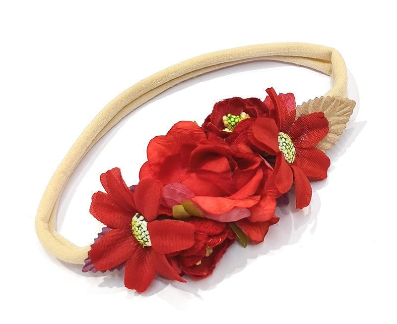 Fairytale Baby Girl Headband Newborn Elastic Flower Toddler Hair Band Kids Headwear Nylon Soft Hairbands Child Hair Accessories (Red) - Image 2