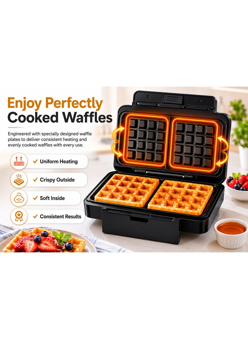 NIKAI Waffle Maker - 1000W Power | Non-Stick Fixed Plates | Fast Heating 20°C Fixed Temperature | Compact Design with Cord Storage | Easy Clean Breakfast for Crispy Waffles Sandwich Maker | 700 W NST1000WM Black - Image 4