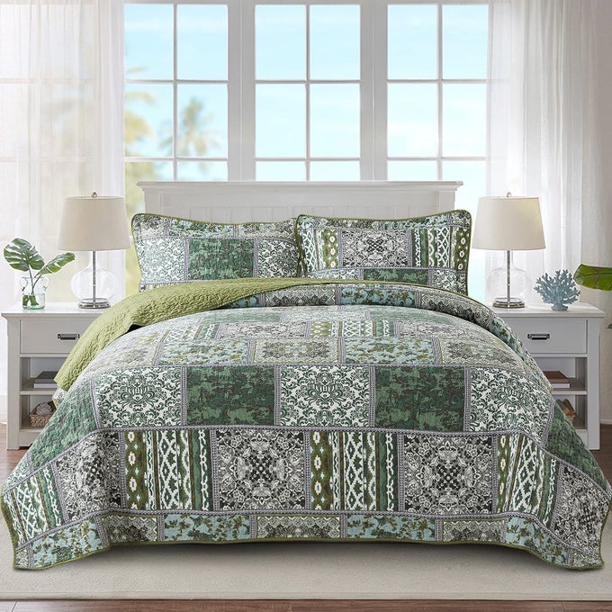 COTTON BEDSPREAD QUILT SETSREVERSIBLE PATCHWORK COVERLET SET GREEN CLASSIC BOHEMIAN PATTERNQUEEN SIZE