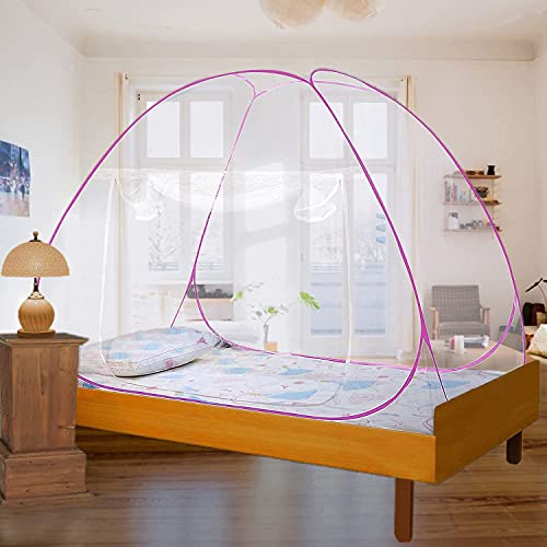 Evafly Mosquito Net for Single Bed | Foldable Machardani | Polyester Strong 30GSM mesh| PVC Coated Corrosion Resistant Steel Wire - Pink - Image 2