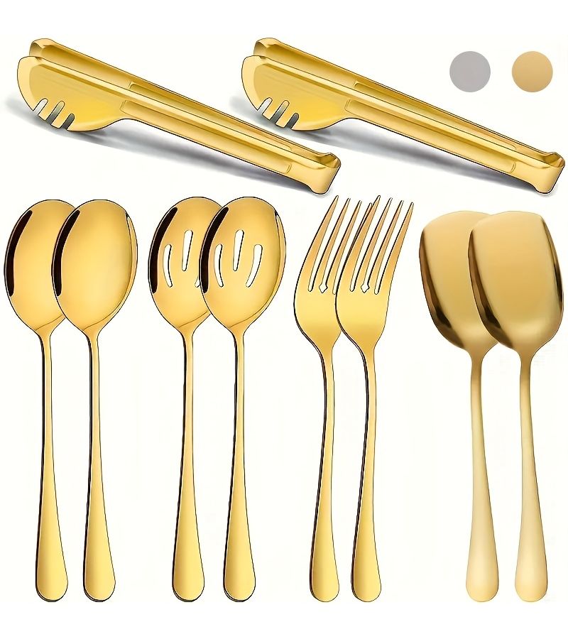 Golden 10 Piece Stainless Steel Serving Utensils Set Forks Spoons Spatulas Tongs - Image 1