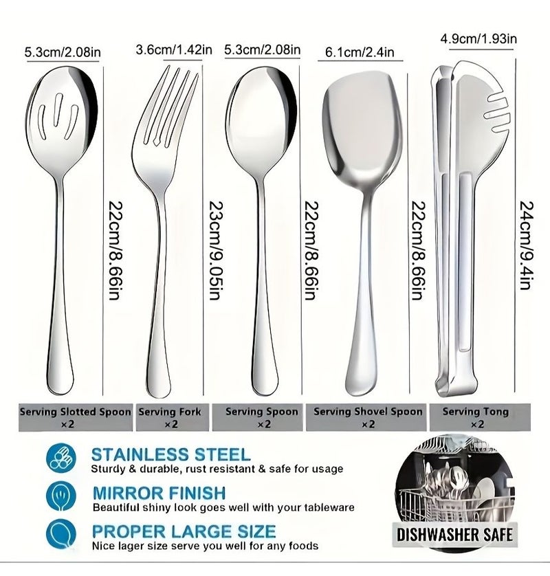 Golden 10 Piece Stainless Steel Serving Utensils Set Forks Spoons Spatulas Tongs - Image 3