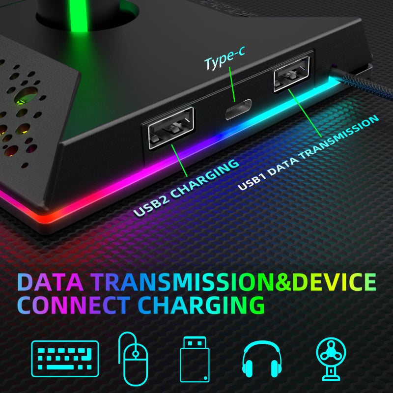 CybJoy Gaming Headphone Stand PC Accessories - RGB Headset Stand with 2 USB and 1 Type-C Ports, LED Headphone Stand Gift for Boys Men, Computer Game Accessories for Desk - Image 4