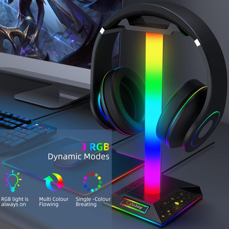 CybJoy Gaming Headphone Stand PC Accessories - RGB Headset Stand with 2 USB and 1 Type-C Ports, LED Headphone Stand Gift for Boys Men, Computer Game Accessories for Desk - Image 2