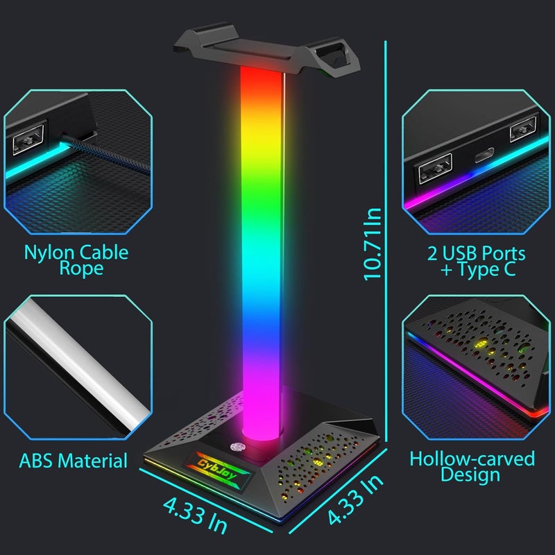 CybJoy Gaming Headphone Stand PC Accessories - RGB Headset Stand with 2 USB and 1 Type-C Ports, LED Headphone Stand Gift for Boys Men, Computer Game Accessories for Desk - Image 5