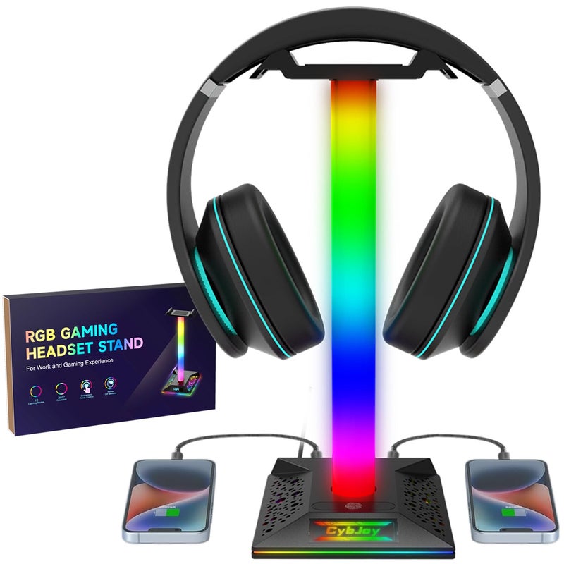 CybJoy Gaming Headphone Stand PC Accessories - RGB Headset Stand with 2 USB and 1 Type-C Ports, LED Headphone Stand Gift for Boys Men, Computer Game Accessories for Desk - Image 1