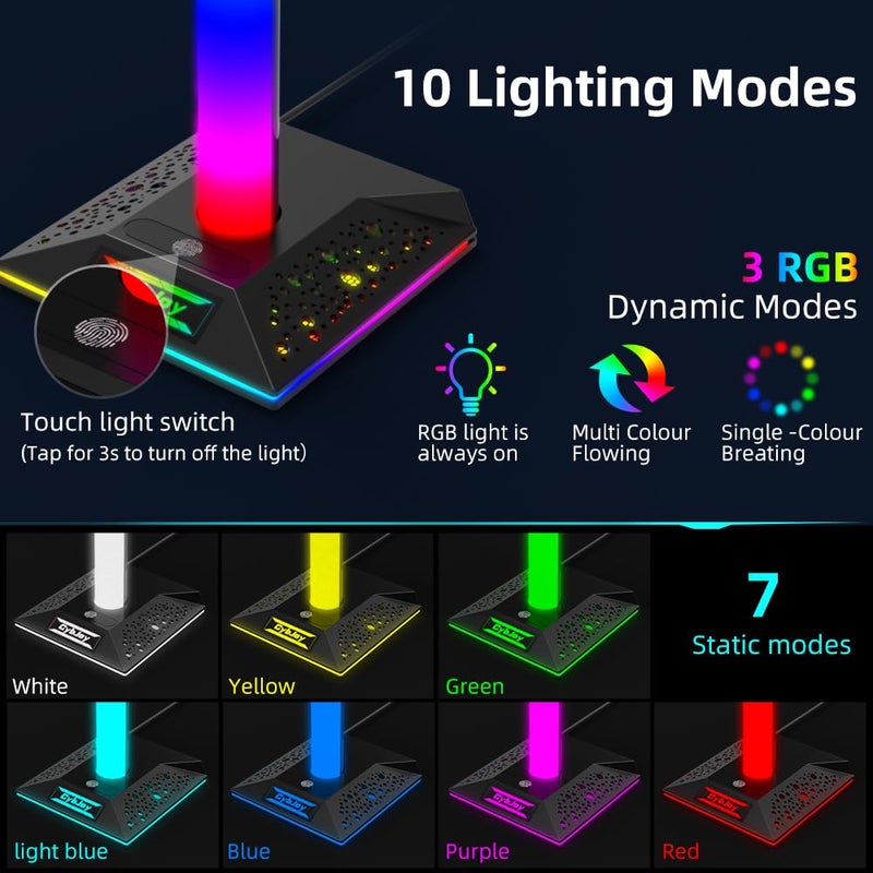 CybJoy Gaming Headphone Stand PC Accessories - RGB Headset Stand with 2 USB and 1 Type-C Ports, LED Headphone Stand Gift for Boys Men, Computer Game Accessories for Desk - Image 3