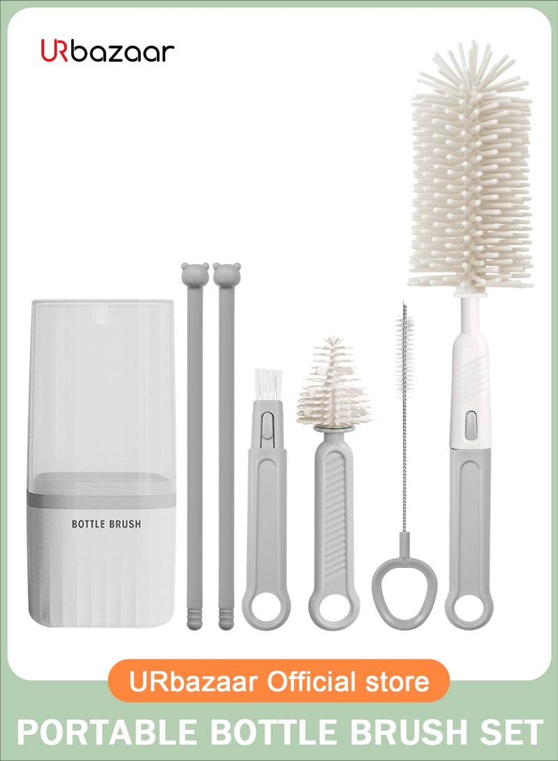 أوربازار مجموعة فرشاة - مجموعة تنظيف زجاجات الرضاعة مع فرشاة سيليكون وفرشاة حلمة وفرشاة قشة ورف تجفيف - أداة تنظيف زجاجات 6 في 1 للمنزل والسفر - Image 1