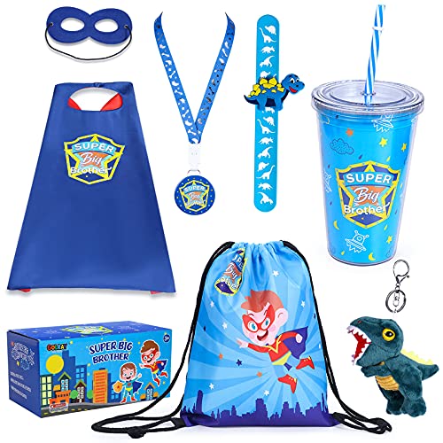 Golray Super Big Brother Gifts Set with Superhero Cape Eyemask Dinosaur Slap Bracelets Necklace Drawstring Backpack Plush Keychain Insulated Plastic Tumbler Cup Big Brother Gift Little Toddler Boy - Image 1