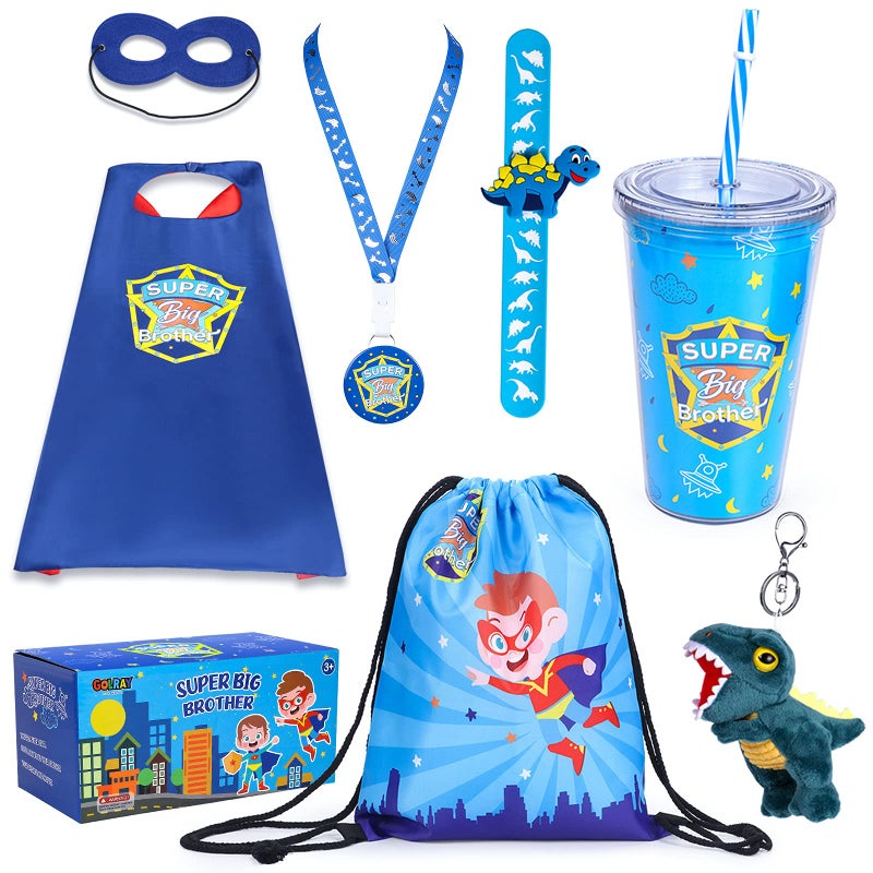 Golray Super Big Brother Gifts Set with Superhero Cape Eyemask Dinosaur Slap Bracelets Necklace Drawstring Backpack Plush Keychain Insulated Plastic Tumbler Cup Big Brother Gift Little Toddler Boy - Image 2