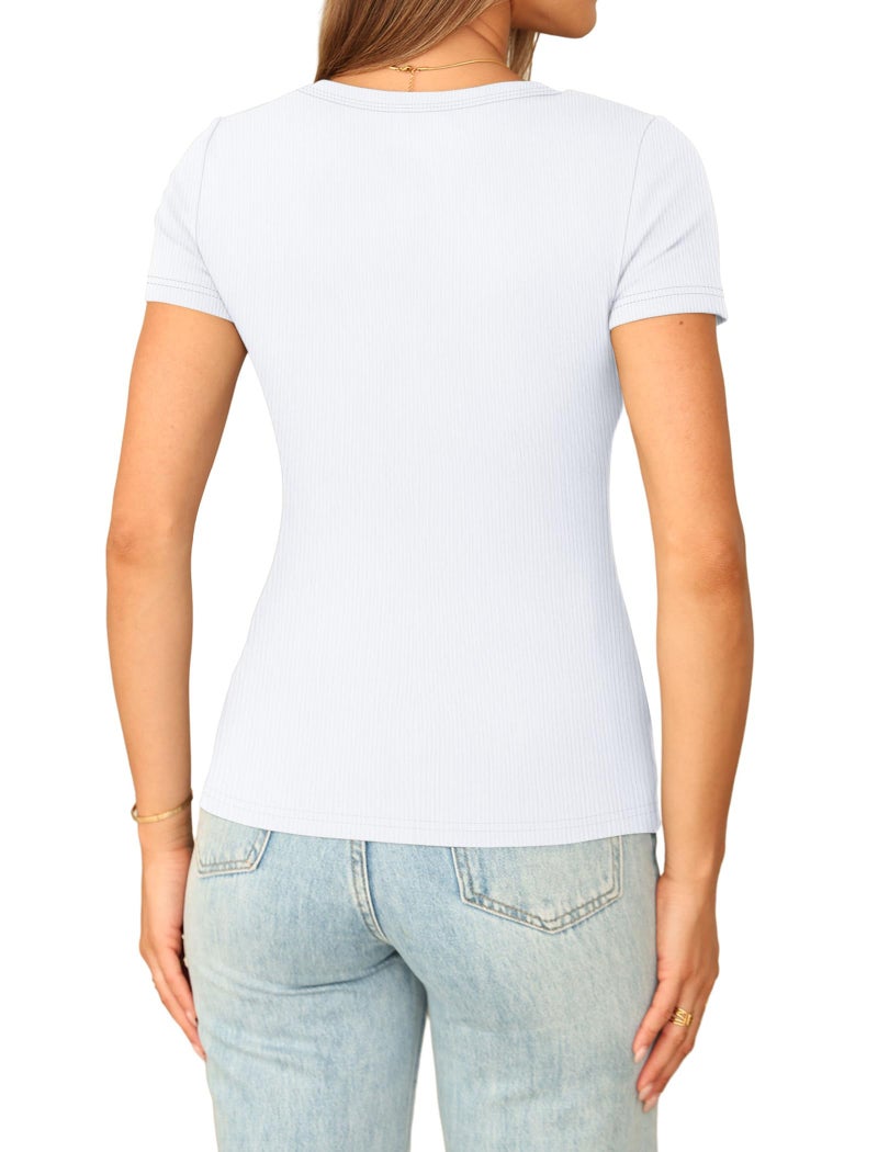 Sampeel Womens Tops Trendy Summer V Neck Short Sleeve Shirts for Women 2026 White T Shirts Tight Tshirts Shirts Vacation Travel Outfits L - Image 4