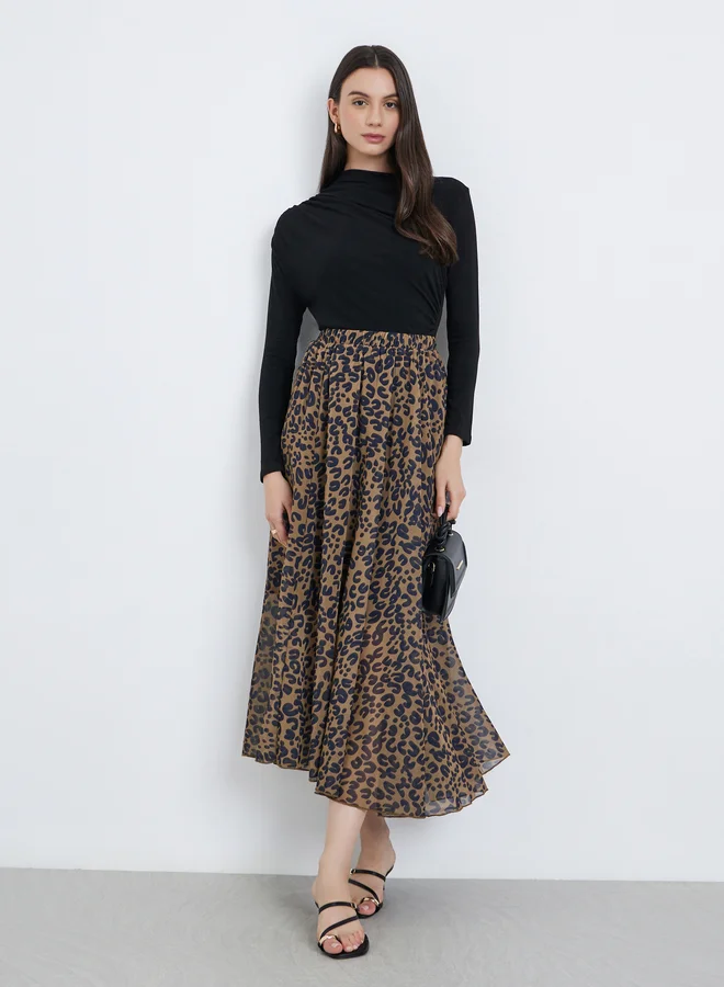 تايك تو Take Two Women's Leopard Print A-Line Chiffon Maxi Skirt