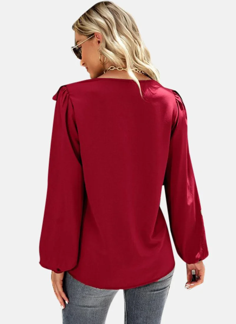 يونيكي Maroon V-Neck Self Design Top