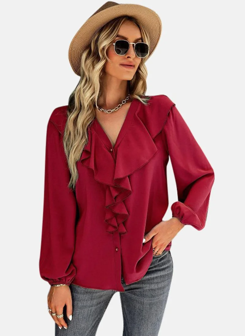 يونيكي Maroon V-Neck Self Design Top