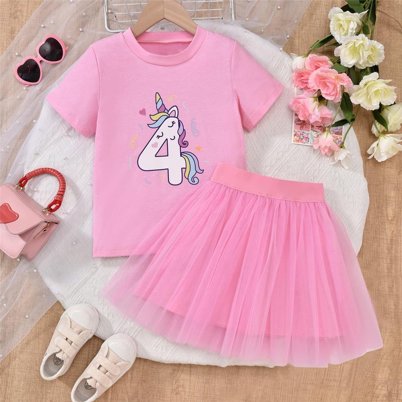 CPEI 4th Birthday Outfit Girl,4 Year Old Fourth Four Shirt Skirt Outfit for Toddler Girls (Pink, 4T) - Image 2