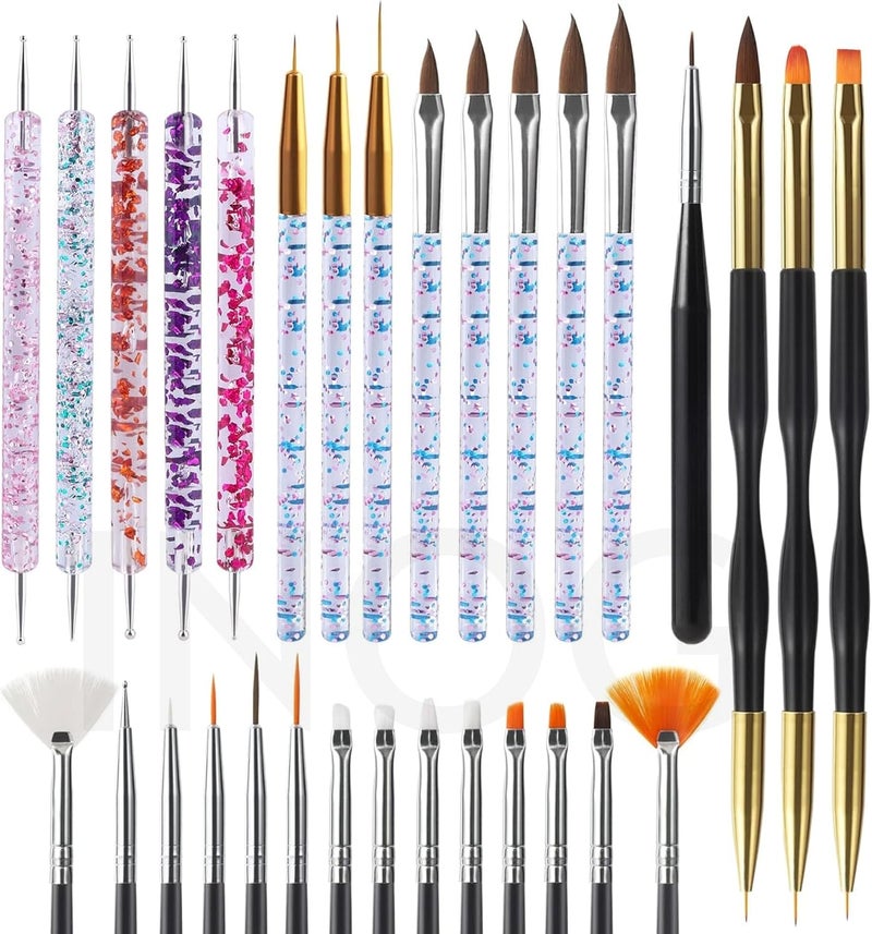 INOG 31pcs Nail Art Brushes,Nail Art Tool Set,Nail Dotting Tools,Nail Dust Brush,Striping Nail Art Brushes for Long Lines,Nail Drawing Pen For Nail Design. - Image 1