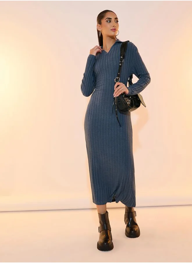 Styli Solid Rib Polo Neck Long Sleeves Midi Dress