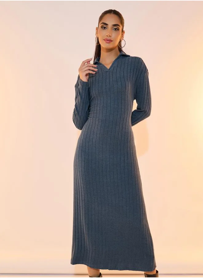 Styli Solid Rib Polo Neck Long Sleeves Midi Dress