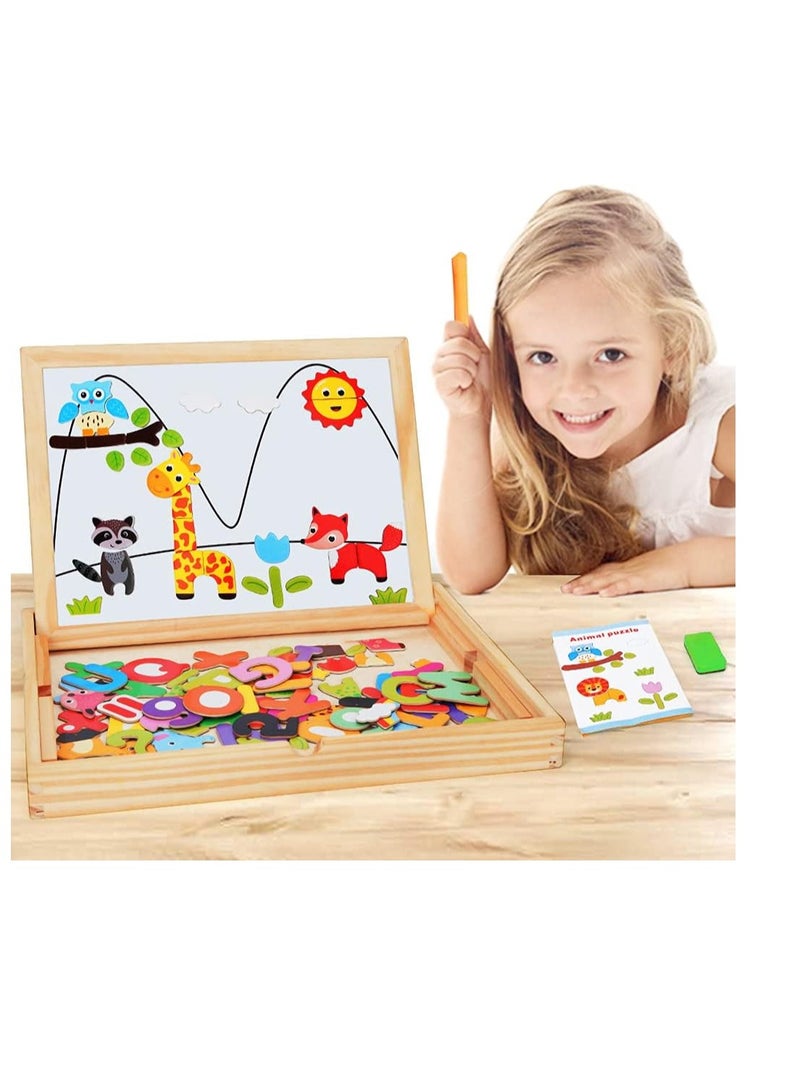Double-Sided Wooden Drawing Board for Kids, with Extra Letters, Numbers, Animal Magnets and Puzzles, for Toddlers, Boys and Girls - Image 1