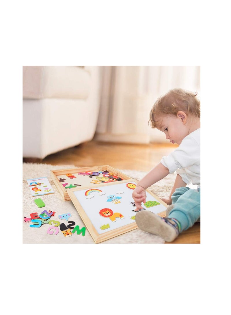 Double-Sided Wooden Drawing Board for Kids, with Extra Letters, Numbers, Animal Magnets and Puzzles, for Toddlers, Boys and Girls - Image 3