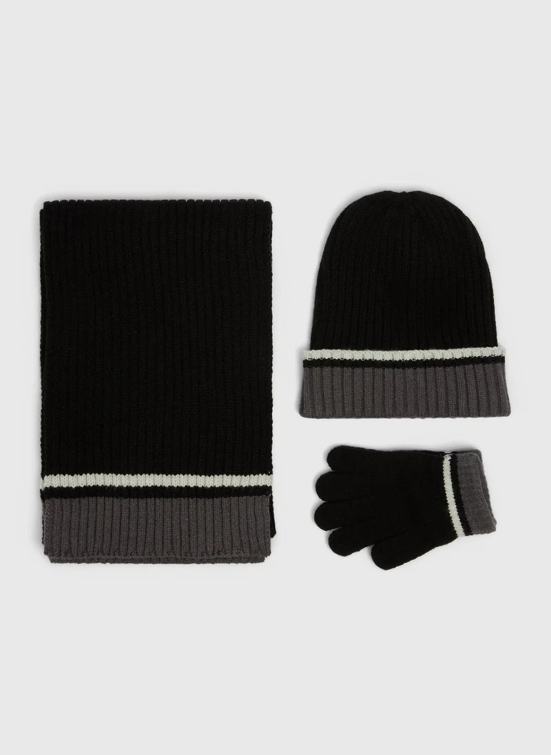 Matalan 3 Piece Boys Black Hat, Scarf & Glove Set
