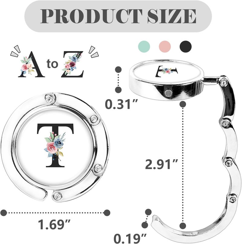 Iqimott 3pcs Personalized Initial Foldable Purses for Table - Flower Letter Folding Handbag Hangers, Portable Magnet Table Hooks, Collection Desk Purse Hooks for Women (Black-T) - Image 2