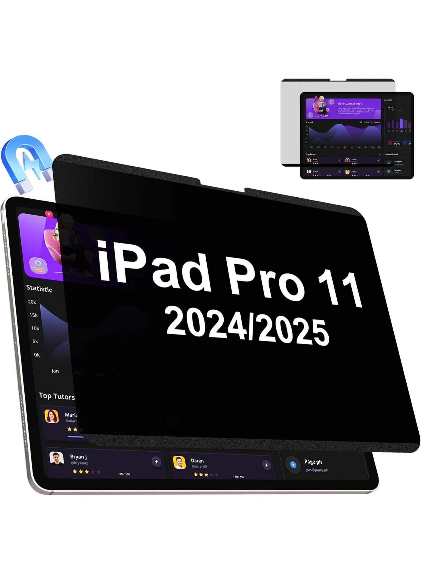 Magnetic Privacy Screen Protector Compatible With iPad Pro 11 Inch M4 M5 (2024 2025, 5th 6th)), Removable Anti Blue Light Glare Spy Private Filter Black Security Screen Cover for School Office Cafe, A