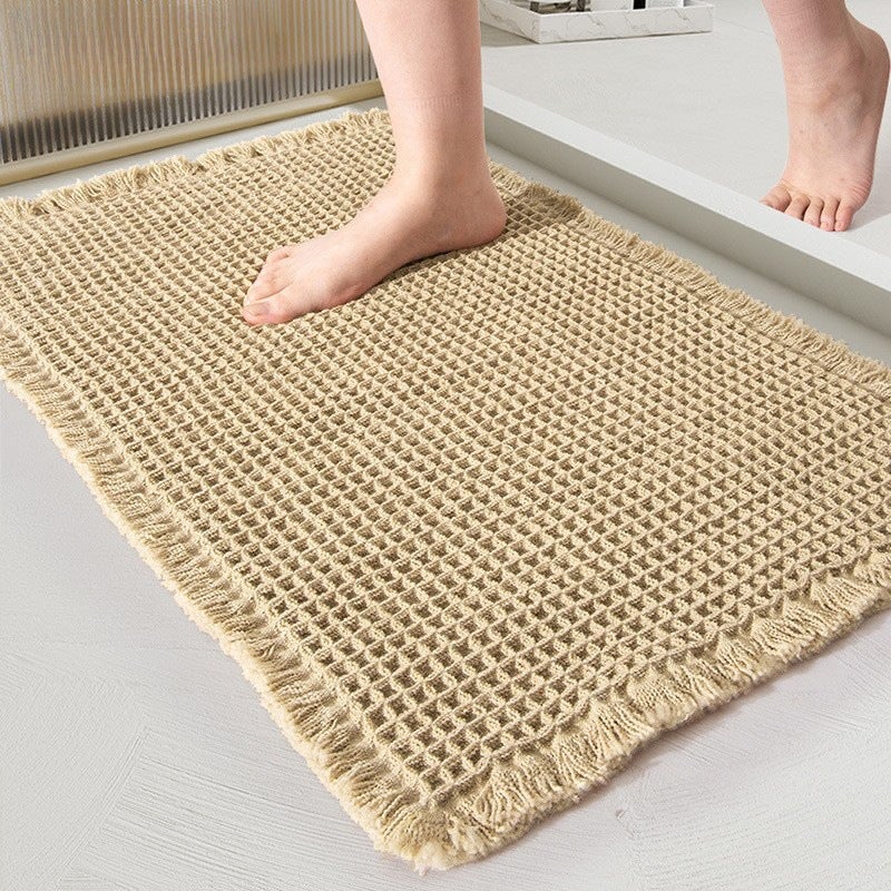 Cross-border Toilet Floor Mat Bathroom Door Absorbent Carpet Household Toilet Non-slip Foot Mat Toilet Door Mat Entrance(Tassel Waffe Bath Mat-Grey, 43x61cm) - Image 2