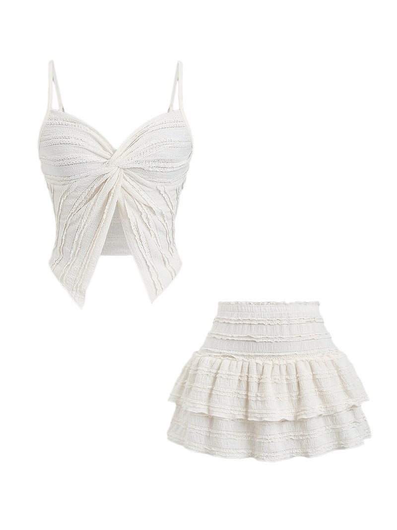French Lace Trimmed Cami Twisted Sweet Short Top And A-Line Lace Hemmed Skirt - Image 1