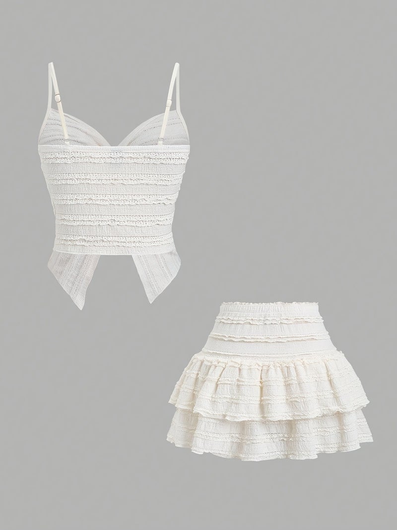 French Lace Trimmed Cami Twisted Sweet Short Top And A-Line Lace Hemmed Skirt - Image 2