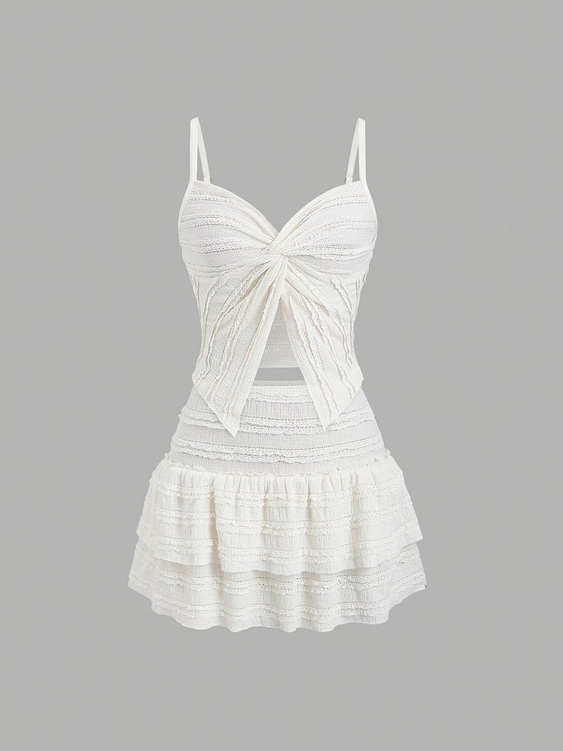 French Lace Trimmed Cami Twisted Sweet Short Top And A-Line Lace Hemmed Skirt - Image 3