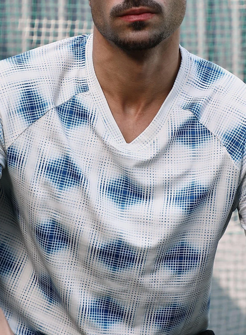 CAHOOT  Men's Cream White & Indigo Blue Static-Bloc Activewear T-Shirt for Men | Best Price UAE