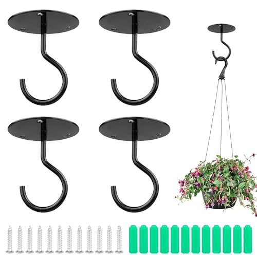 Tusmad 4pcs Metal Ceiling Hook with Screws for Hanging Flower Pot and Plant Pot Wall Mounted Hook for Hanging Plant Baskets/String Lights in Balcony, Porch Office Home (Black) - Image 1