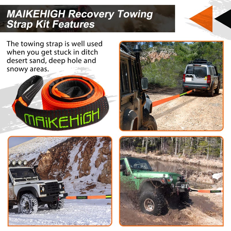 MAIKEHIGH MAIKEHIGH Tow Rope 5 m x 5 cm, 10 Tonnes (22,000 Lbs) Polyester Tow Rope Kit for Off-Road Recovery with 2 Reinforced Hooks and 2 Gloves - Image 2