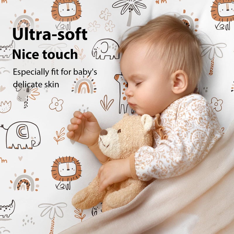 FIEMOL Baby Crib Sheets for Boys and Girls, 3 Pack Toddler Bed Sheets for 52â€x28â€ Standard Toddler Mattresses, Soft Microfiber Fitted Crib Sheets Neutral Orange Animal World - Image 2