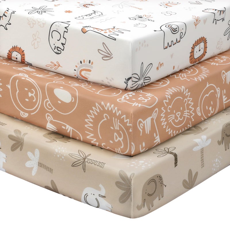 FIEMOL Baby Crib Sheets for Boys and Girls, 3 Pack Toddler Bed Sheets for 52â€x28â€ Standard Toddler Mattresses, Soft Microfiber Fitted Crib Sheets Neutral Orange Animal World - Image 1