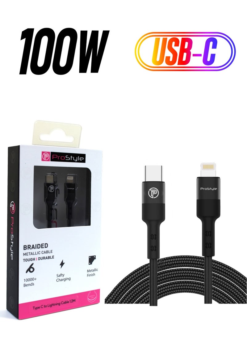 Prostyle iPhone Charging Cable 1.2M USB C to Lightning Fast Charging Braided Cord for iPhone 14/14 Pro/14 Plus/14 Pro Max, ipad Pro, iPhone 8-13 All Series - Black  - Image 1