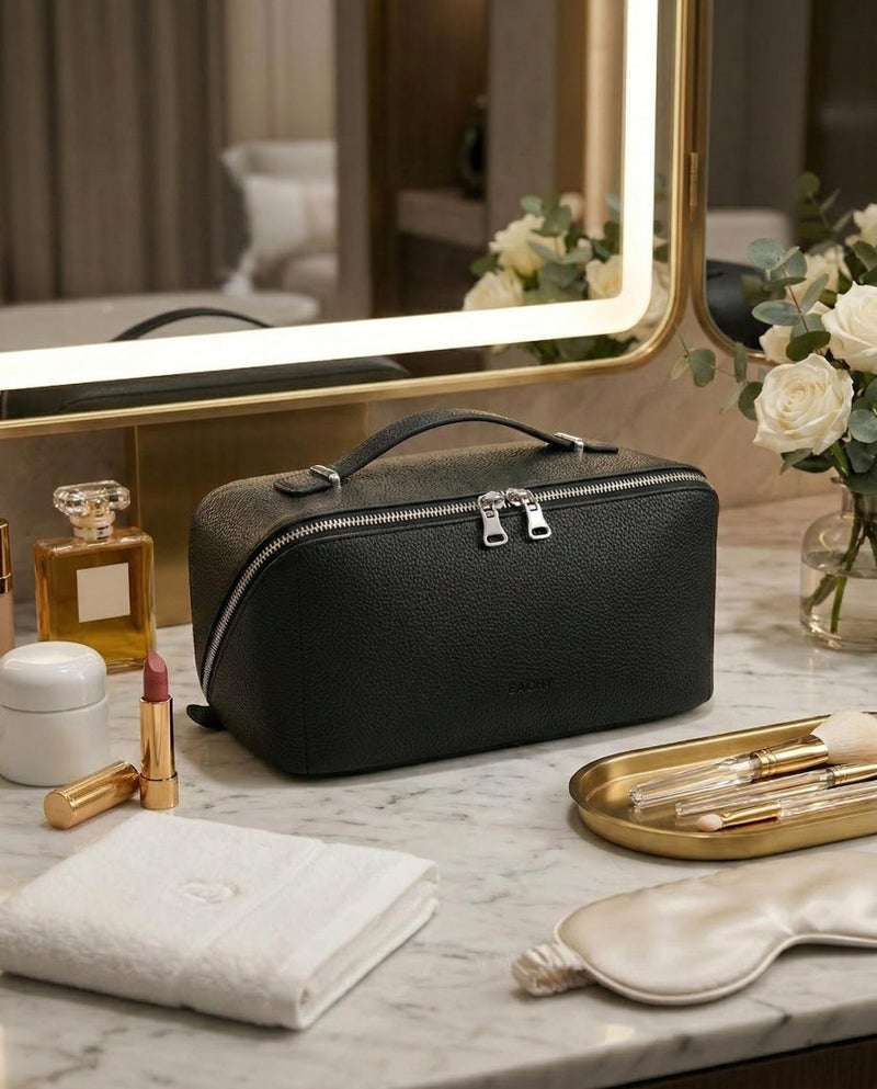 EACHY Travel Makeup Bag, Lychee Leather Large Capacity Cosmetic Bag for Women, Open Flat Toiletry Bag with TPU Brush Compartment, Waterproof Skincare Organizer Travel Essentials - Image 2