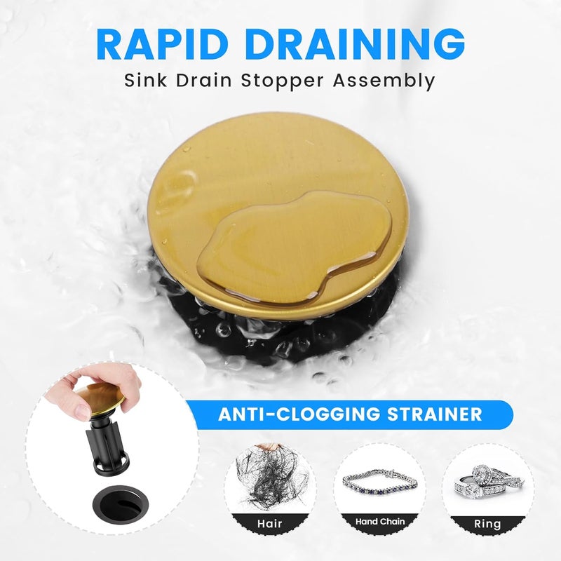 Hurran Bathroom Sink Drain with Overflow, Universal Bathroom Sink Stopper for Bathroom Vanity Vessel Sink, Plastic Pop-up Sink Drain with Hair Catcher Anti-Clog Strainer, 2 Pack, Brushed Gold - Image 4