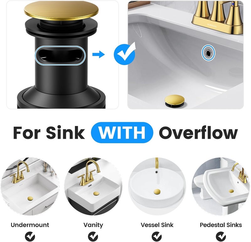Hurran Bathroom Sink Drain with Overflow, Universal Bathroom Sink Stopper for Bathroom Vanity Vessel Sink, Plastic Pop-up Sink Drain with Hair Catcher Anti-Clog Strainer, 2 Pack, Brushed Gold - Image 2