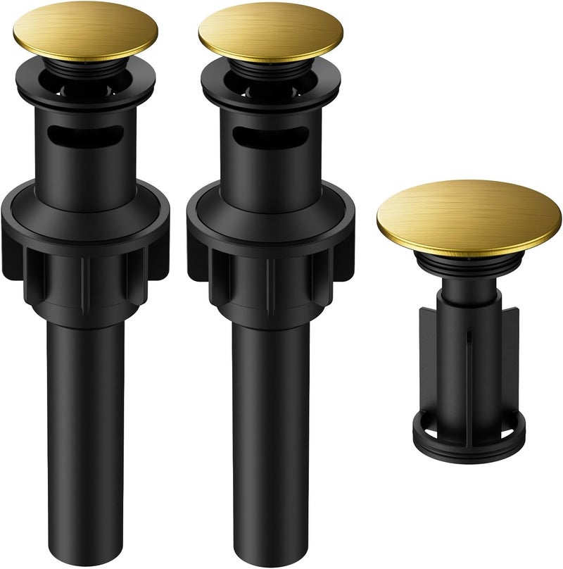 Hurran Bathroom Sink Drain with Overflow, Universal Bathroom Sink Stopper for Bathroom Vanity Vessel Sink, Plastic Pop-up Sink Drain with Hair Catcher Anti-Clog Strainer, 2 Pack, Brushed Gold - Image 1