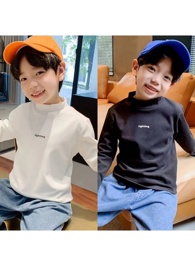 Boys' Velvet Semi-turtle Neck Base Layer Shirt, Long Sleeve T-shirt For Autumn And Winter, Stylish And Handsome Casual Versatile Top For Older Kids - Image 3