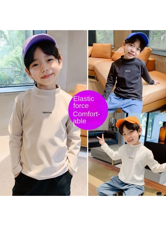 Boys' Velvet Semi-turtle Neck Base Layer Shirt, Long Sleeve T-shirt For Autumn And Winter, Stylish And Handsome Casual Versatile Top For Older Kids - Image 2